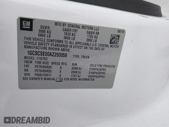 2010 Chevrolet Silverado 1500 LT with VIN 1GCSCSE00AZ293058, listed as a IAAI auction lot 41464133 with 164,865 mi miles and . Bid and sale history available at DreamBid. Image 9.