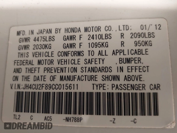 2012 Acura TSX Special Edition with VIN JH4CU2F89CC015611, listed as a IAAI auction lot 41866033 with 107,975 mi miles and . Bid and sale history available at DreamBid. Image 9.