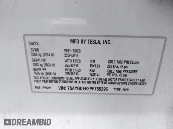 2023 Tesla Model Y Long Range with VIN 7SAYGDEE2PF765395, listed as a IAAI auction lot 41688080 with 27,792 mi miles and . Bid and sale history available at DreamBid. Image 9.
