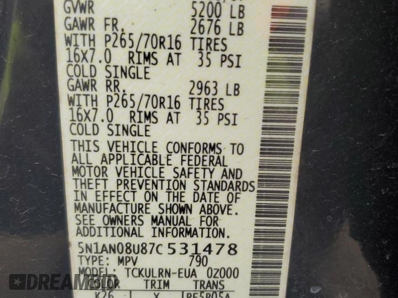 2007 Nissan Xterra SE z VIN 5N1AN08U87C531478, wystawiony jako Copart lot #56044185 z przebiegiem 161 305 mil mil oraz Szkoda całkowita • Salvage title. Historia ofert i sprzedaży dostępna na DreamBid. Obrazek 12.