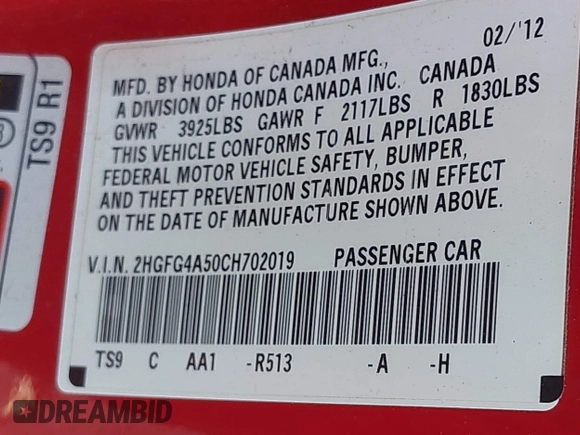 2012 Honda Civic Cpe Si with VIN 2HGFG4A50CH702019, listed as a IAAI auction lot 42060231 with 80,172 mi miles. Bid and sale history available at carsss.com. Image 9.