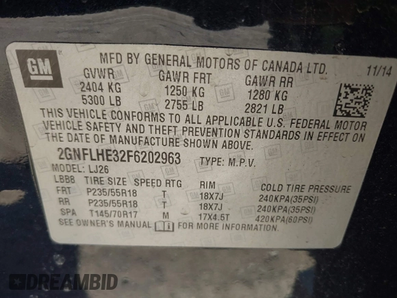 2015 Chevrolet Equinox LTZ with VIN 2GNFLHE32F6202963, listed as a IAAI auction lot 41823503 with 130,977 mi miles and . Bid and sale history available at DreamBid. Image 9.
