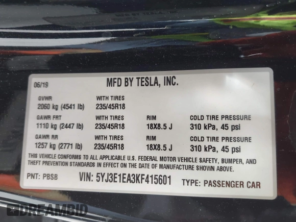 2019 Tesla Model 3 Mid Range with VIN 5YJ3E1EA3KF415601, listed as a IAAI auction lot 42125393 with 150,220 mi miles and . Bid and sale history available at carsss.com. Image 9.