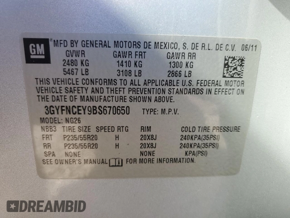 2011 Cadillac SRX Premium Collection with VIN 3GYFNCEY9BS670650, listed as a Copart auction lot 43570205 with 231,358 mi miles and Salvage Title. Bid and sale history available at carsss.com. Image 15.