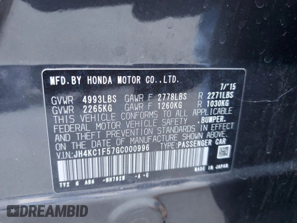 2016 Acura RLX Tech Pkg with VIN JH4KC1F57GC000996, listed as a Copart auction lot 83391544 with 97,707 mi miles and Salvage Title. Bid and sale history available at carsss.com. Image 15.