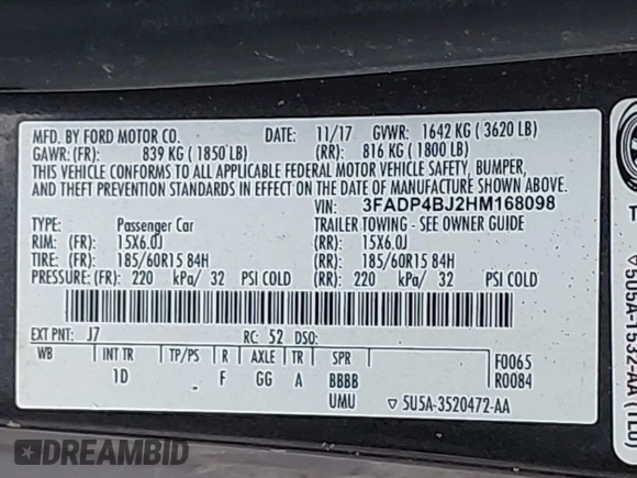 2017 Ford Fiesta SE with VIN 3FADP4BJ2HM168098, listed as a IAAI auction lot 41931593 with 78,146 mi miles and . Bid and sale history available at DreamBid. Image 9.