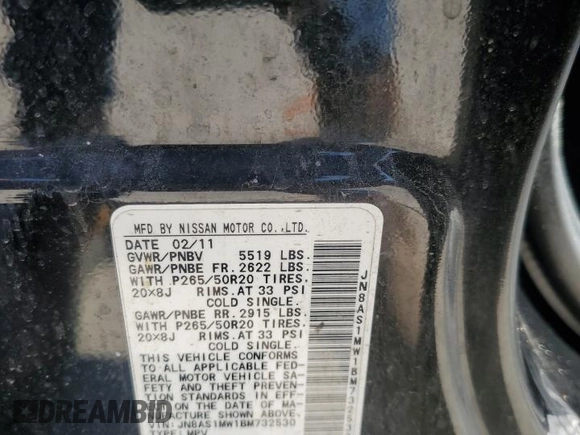2011 Infiniti FX with VIN JN8AS1MW1BM732530, listed as a Copart auction lot 62831625 with 172,140 mi miles and Salvage title. Bid and sale history available at DreamBid. Image 14.