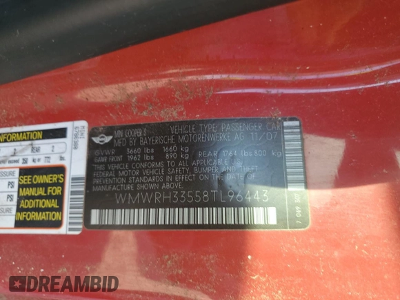 2008 MINI Convertible S z VIN WMWRH33558TL96443, wystawiony jako Copart lot #75103604 z przebiegiem Nie podano mil oraz Szkoda całkowita • Salvage title. Historia ofert i sprzedaży dostępna na DreamBid. Obrazek 12.