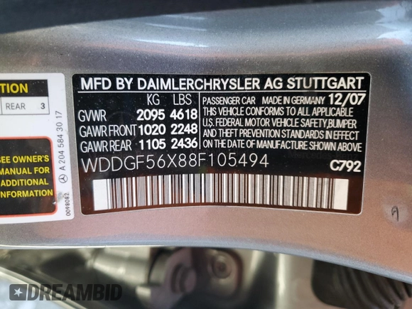 2008 Mercedes-Benz C 350 Sport with VIN WDDGF56X88F105494, listed as a Copart auction lot 48422025 with 50,437 mi miles and Salvage Title. Bid and sale history available at DreamBid. Image 12.