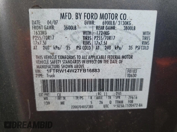 2007 Ford F-150 XLT with VIN 1FTRW14W27FB16883, listed as a Copart auction lot 57176755 with 166,941 mi miles and Clean title. Bid and sale history available at DreamBid. Image 13.