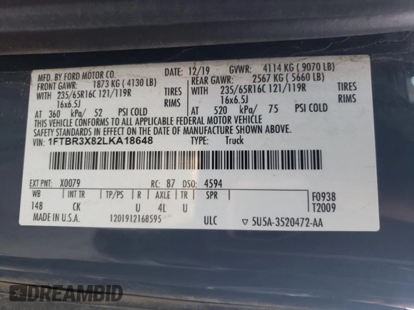 2020 Ford Transit Cargo с VIN 1FTBR3X82LKA18648, выставлен на аукционе Copart как лот 47137805 с пробегом 68 313 миль миль и Списание • Salvage title. История ставок и продаж доступна на DreamBid. Изображение 13.