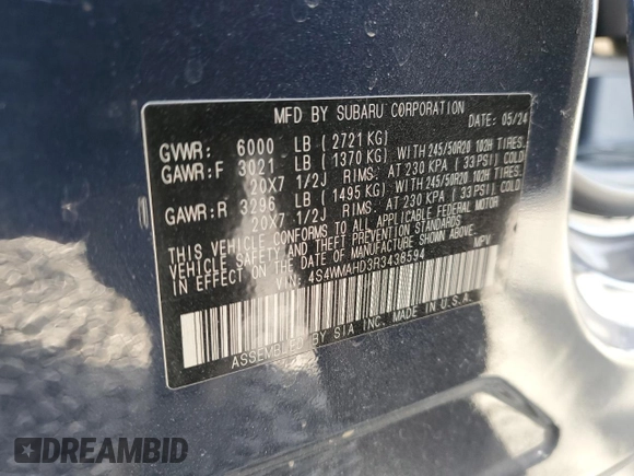 2024 Subaru Ascent Onyx with VIN 4S4WMAHD3R3438594, listed as a Copart auction lot 49049815 with Not provided miles and Salvage title. Bid and sale history available at DreamBid. Image 16.
