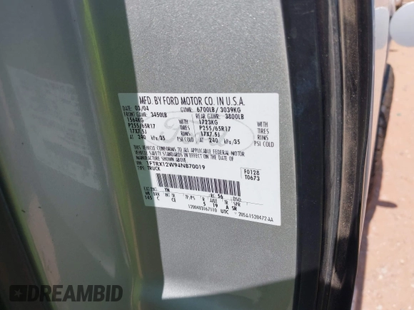 2004 Ford F-150 STX with VIN 1FTRX12W94NB70019, listed as a IAAI auction lot 42511102 with 201,265 mi miles and . Bid and sale history available at DreamBid. Image 9.