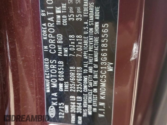2016 Kia Sedona SX with VIN KNDMC5C13G6185565, listed as a Copart auction lot 82564854 with 106,104 mi miles and Clean Title. Bid and sale history available at carsss.com. Image 13.