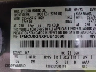 2023 Ford Escape Active with VIN 1FMCU0GNXPUB12080, listed as a IAAI auction lot 41819996 with 18,850 mi miles and . Bid and sale history available at DreamBid. Image 9.