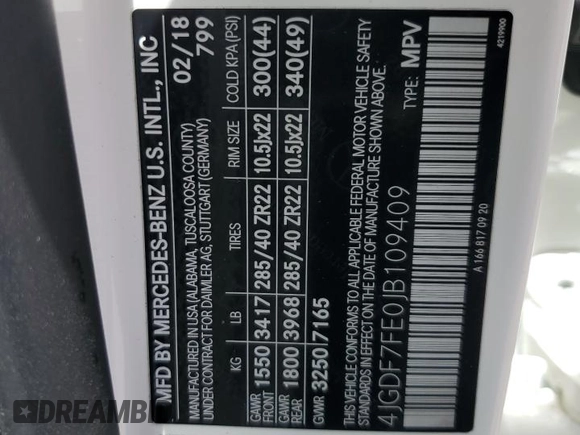 2018 Mercedes-Benz GLS with VIN 4JGDF7FE0JB109409, listed as a Copart auction lot 63610364 with 108,787 mi miles and Salvage Title. Bid and sale history available at carsss.com. Image 13.