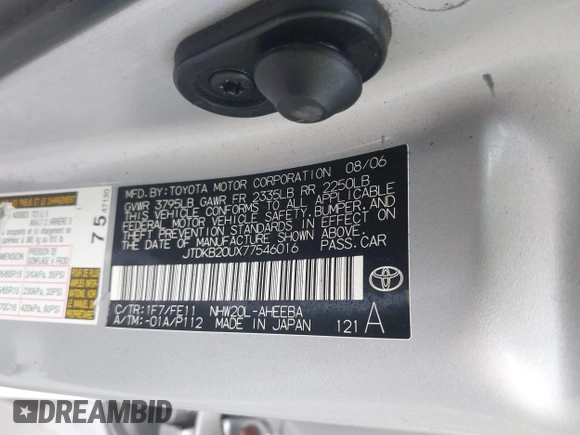 2007 Toyota Prius with VIN JTDKB20UX77546016, listed as a IAAI auction lot 42675118 with Not provided miles and . Bid and sale history available at DreamBid. Image 9.