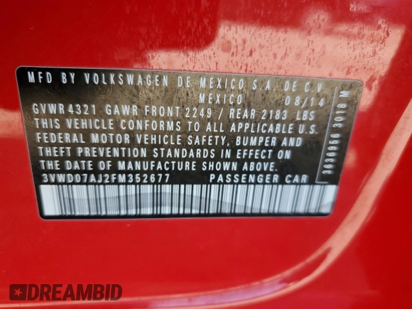 2015 Volkswagen Jetta SE z VIN 3VWD07AJ2FM352677, wystawiony jako Copart lot #47873795 z przebiegiem Nie podano mil oraz Szkoda całkowita • Salvage title. Historia ofert i sprzedaży dostępna na DreamBid. Obrazek 14.