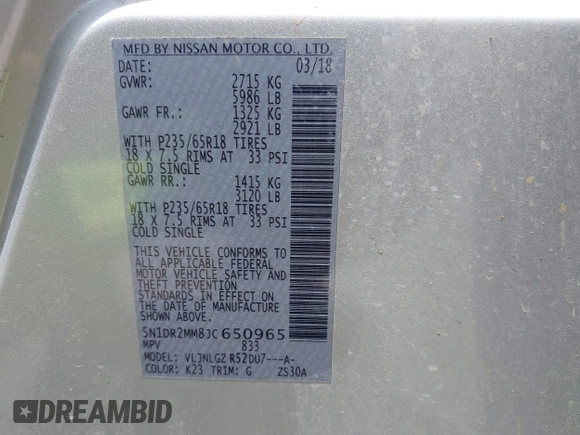 2018 Nissan Pathfinder SV with VIN 5N1DR2MM8JC650965, listed as a IAAI auction lot 42673823 with 113,611 mi miles and . Bid and sale history available at DreamBid. Image 9.