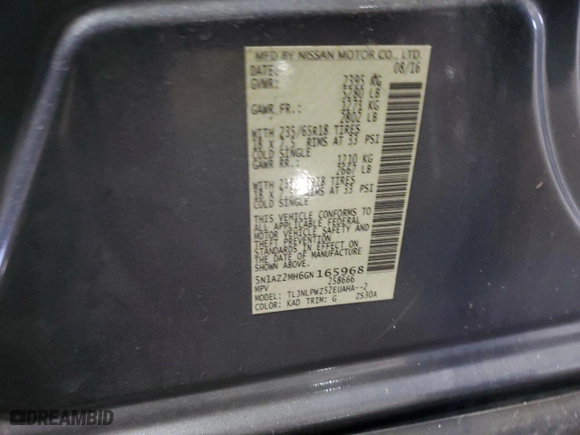 2016 Nissan Murano SL with VIN 5N1AZ2MH6GN165968, listed as a Copart auction lot 88389665 with 193,320 mi miles and Salvage Title. Bid and sale history available at carsss.com. Image 14.