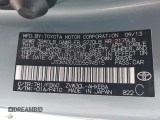 2013 Toyota Prius One with VIN JTDKN3DU2D5694515, listed as a IAAI auction lot 41849171 with 130,479 mi miles and . Bid and sale history available at DreamBid. Image 9.