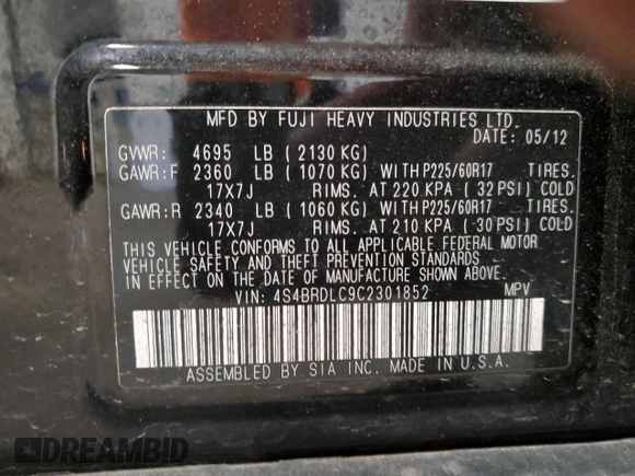 2012 Subaru Outback Limited z VIN 4S4BRDLC9C2301852, wystawiony jako Copart lot #55602745 z przebiegiem 74 797 mil mil oraz Szkoda całkowita • Salvage title. Historia ofert i sprzedaży dostępna na DreamBid. Obrazek 14.