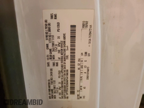 2022 Ford F-150 XL with VIN 1FTFX1E50NFA19636, listed as a Copart auction lot 44251395 with 49,155 mi miles and Salvage title. Bid and sale history available at DreamBid. Image 13.