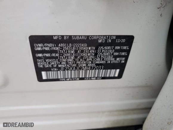 2021 Subaru Forester Premium with VIN JF2SKAJC2MH472033, listed as a Copart auction lot 45654965 with 46,610 mi miles and Salvage Title. Bid and sale history available at carsss.com. Image 13.
