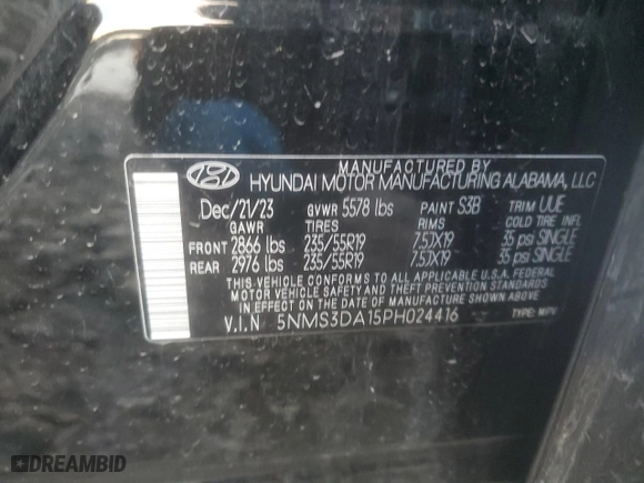 2023 Hyundai Santa Fe Hybrid SEL Premium with VIN 5NMS3DA15PH024416, listed as a Copart auction lot 84598764 with NaN miles and Salvage Title. Bid and sale history available at carsss.com. Image 15.