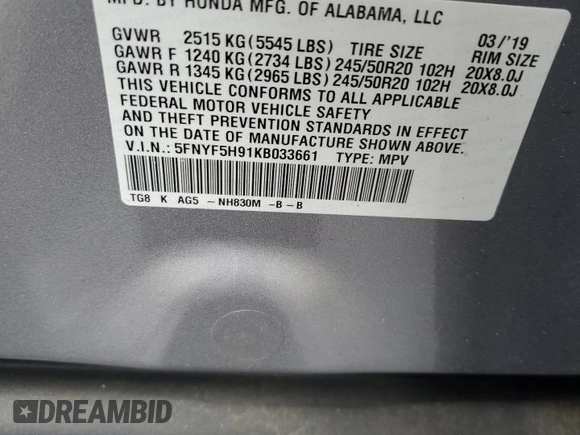 2019 Honda Pilot Touring 8-Passenger z VIN 5FNYF5H91KB033661, wystawiony jako Copart lot #56650155 z przebiegiem 73 512 mil mil oraz Szkoda całkowita • Salvage title. Historia ofert i sprzedaży dostępna na DreamBid. Obrazek 13.
