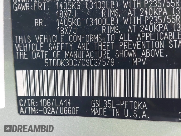 2012 Toyota Sienna XLE with VIN 5TDDK3DC7CS037579, listed as a IAAI auction lot 41080620 with 158,843 mi miles. Bid and sale history available at carsss.com. Image 9.