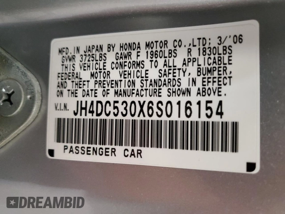 2006 Acura RSX Type-S Leather with VIN JH4DC530X6S016154, listed as a Copart auction lot 77568174 with 222,588 mi miles and Salvage Title. Bid and sale history available at carsss.com. Image 12.