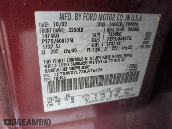 2003 Ford F-150 XLT with VIN 1FTRW07L73KA76426, listed as a Copart auction lot 45797065 with Not Provided miles and Salvage Title. Bid and sale history available at carsss.com. Image 13.