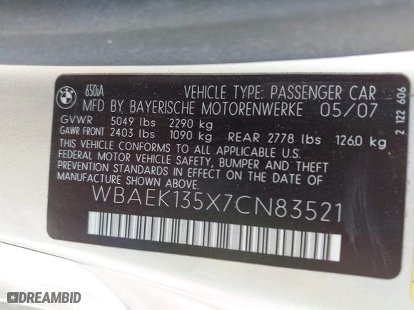 2007 BMW 6 Series 650i with VIN WBAEK135X7CN83521, listed as a IAAI auction lot 42078828 with 55,444 mi miles. Bid and sale history available at carsss.com. Image 9.