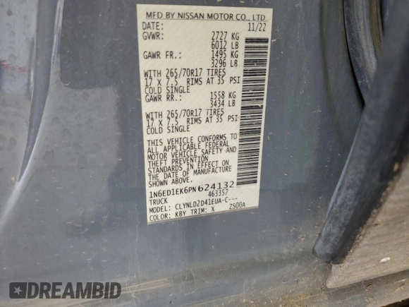 2023 Nissan Frontier Pro-4X z VIN 1N6ED1EK6PN624132, wystawiony jako Copart lot #53797395 z przebiegiem 55 344 mil mil oraz Szkoda całkowita • Salvage title. Historia ofert i sprzedaży dostępna na DreamBid. Obrazek 12.