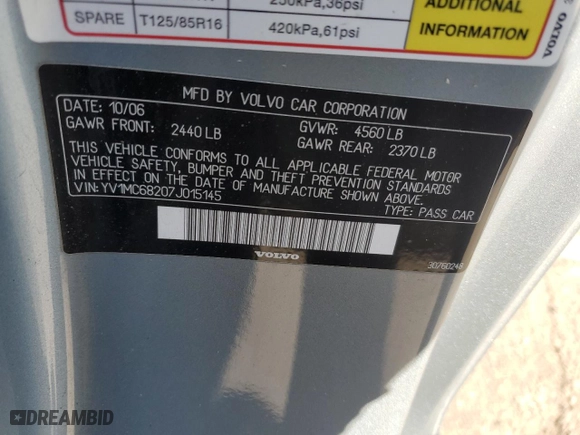 2007 Volvo C70 with VIN YV1MC68207J015145, listed as a Copart auction lot 76976894 with 72,374 mi miles and Salvage Title. Bid and sale history available at carsss.com. Image 13.