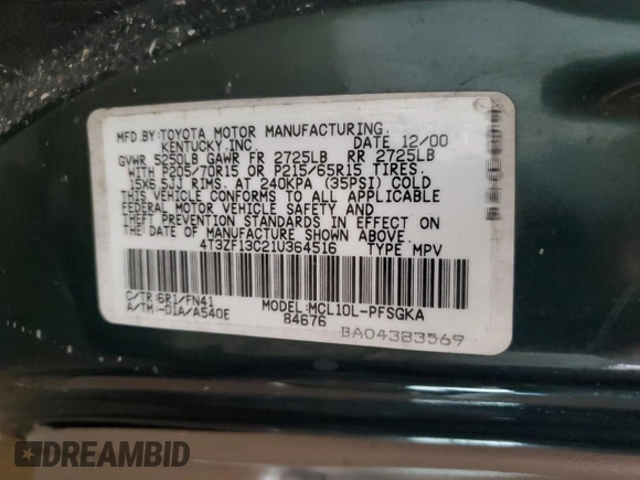 2001 Toyota Sienna LE with VIN 4T3ZF13C21U364516, listed as a Copart auction lot 79759924 with 100,185 mi miles and Salvage Title. Bid and sale history available at carsss.com. Image 13.