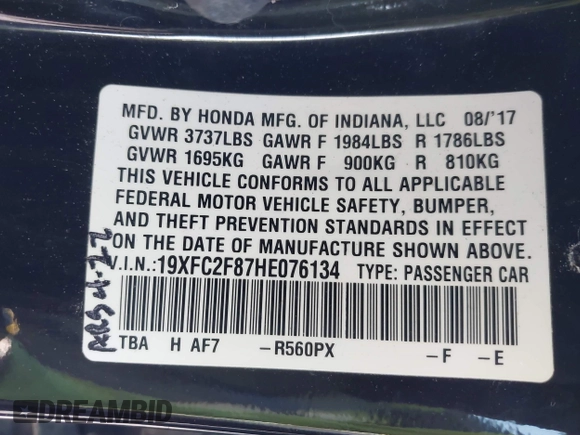 2017 Honda Civic EX with VIN 19XFC2F87HE076134, listed as a IAAI auction lot 41863290 with 61,583 mi miles and . Bid and sale history available at DreamBid. Image 9.