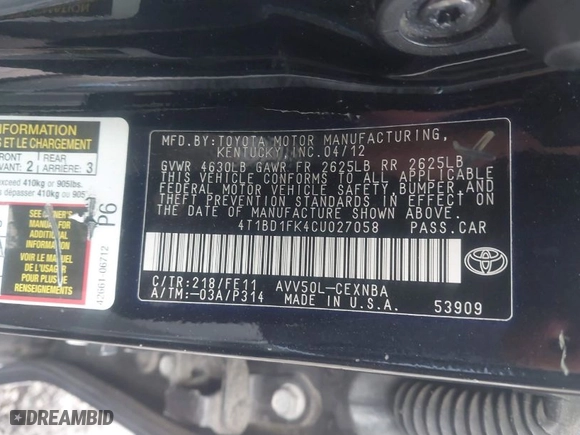 2012 Toyota Camry Hybrid XLE with VIN 4T1BD1FK4CU027058, listed as a IAAI auction lot 41979201 with 281,983 mi miles. Bid and sale history available at carsss.com. Image 9.