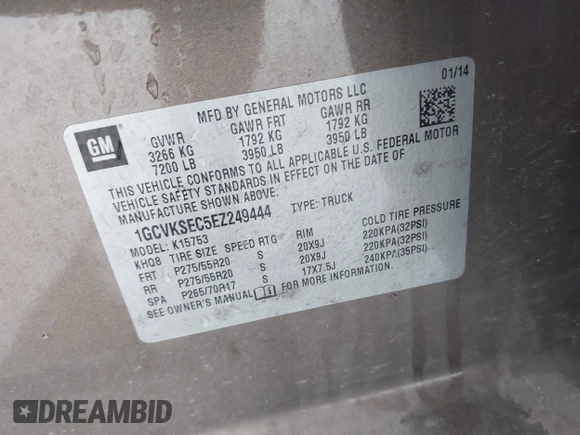 2014 Chevrolet Silverado 1500 LTZ with VIN 1GCVKSEC5EZ249444, listed as a IAAI auction lot 41904569 with 123,650 mi miles and . Bid and sale history available at DreamBid. Image 9.