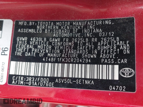 2012 Toyota Camry L z VIN 4T4BF1FK3CR204294, wystawiony jako IAAI lot #42039420 z przebiegiem 36 540 mil mil oraz . Historia ofert i sprzedaży dostępna na DreamBid. Obrazek 9.