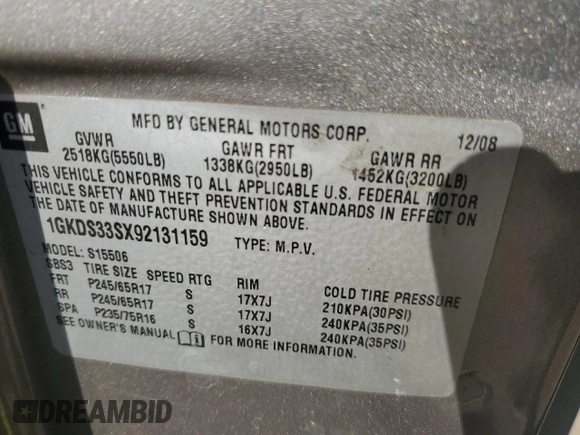 2009 GMC Envoy SLE with VIN 1GKDS33SX92131159, listed as a Copart auction lot 82487404 with 224,391 mi miles and Salvage Title. Bid and sale history available at carsss.com. Image 14.