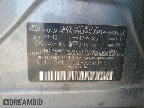 2013 Hyundai Sonata SE z VIN 5NPEC4AC2DH557370, wystawiony jako Copart lot #59120895 z przebiegiem 180 932 mil mil oraz Szkoda całkowita • Salvage title. Historia ofert i sprzedaży dostępna na DreamBid. Obrazek 12.