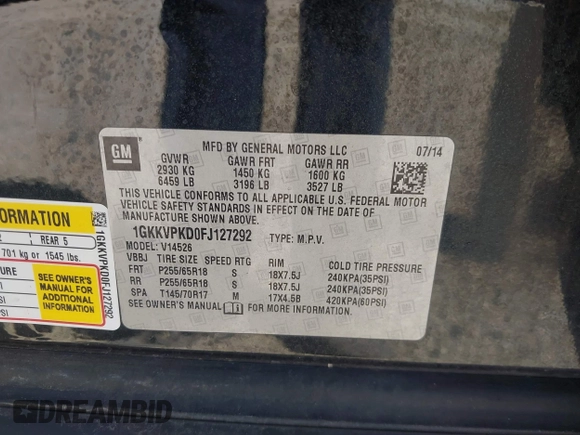 2015 GMC Acadia SLE with VIN 1GKKVPKD0FJ127292, listed as a IAAI auction lot 42142023 with 146,014 mi miles and . Bid and sale history available at carsss.com. Image 9.