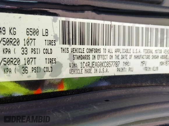 2019 Jeep Grand Cherokee Altitude with VIN 1C4RJEAG0KC857787, listed as a IAAI auction lot 42434646 with 193,968 mi miles and . Bid and sale history available at DreamBid. Image 9.