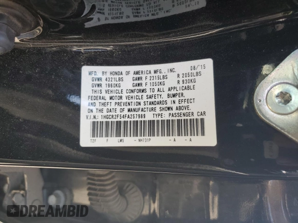 2015 Honda Accord Sport with VIN 1HGCR2F54FA257989, listed as a Copart auction lot 56375705 with 142,746 mi miles and Salvage Title. Bid and sale history available at DreamBid. Image 13.