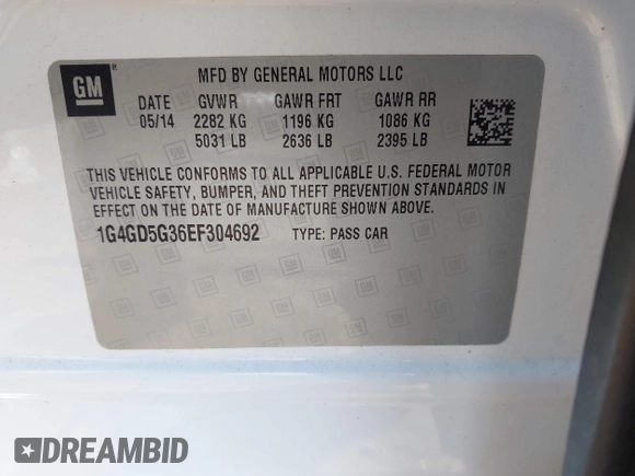 2014 Buick LaCrosse Premium I with VIN 1G4GD5G36EF304692, listed as a IAAI auction lot 41843897 with 65,774 mi miles and . Bid and sale history available at DreamBid. Image 9.