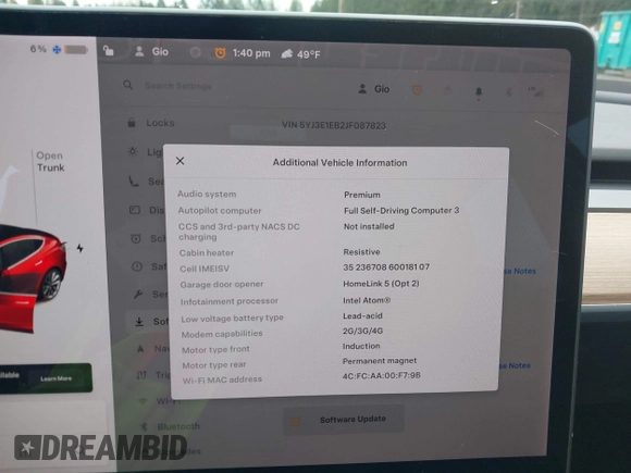 2018 Tesla Model 3 Long Range Battery z VIN 5YJ3E1EB2JF087823, wystawiony jako IAAI lot #41903609 z przebiegiem 69 749 mil mil oraz . Historia ofert i sprzedaży dostępna na DreamBid. Obrazek 19.