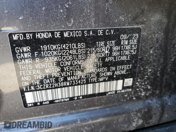 2024 Honda HR-V LX with VIN 3CZRZ2H38RM733425, listed as a Copart auction lot 45889935 with 40,793 mi miles and Salvage title. Bid and sale history available at DreamBid. Image 13.
