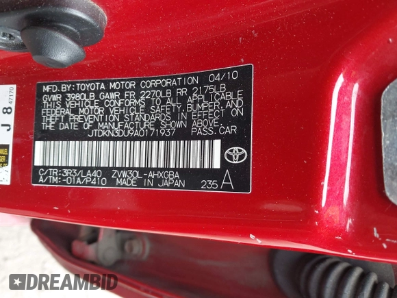 2010 Toyota Prius II z VIN JTDKN3DU9A0171937, wystawiony jako IAAI lot #42299256 z przebiegiem 358 826 mil mil oraz . Historia ofert i sprzedaży dostępna na DreamBid. Obrazek 9.